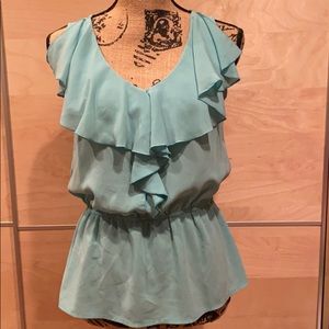 Teal ruffle sleeveless blouse